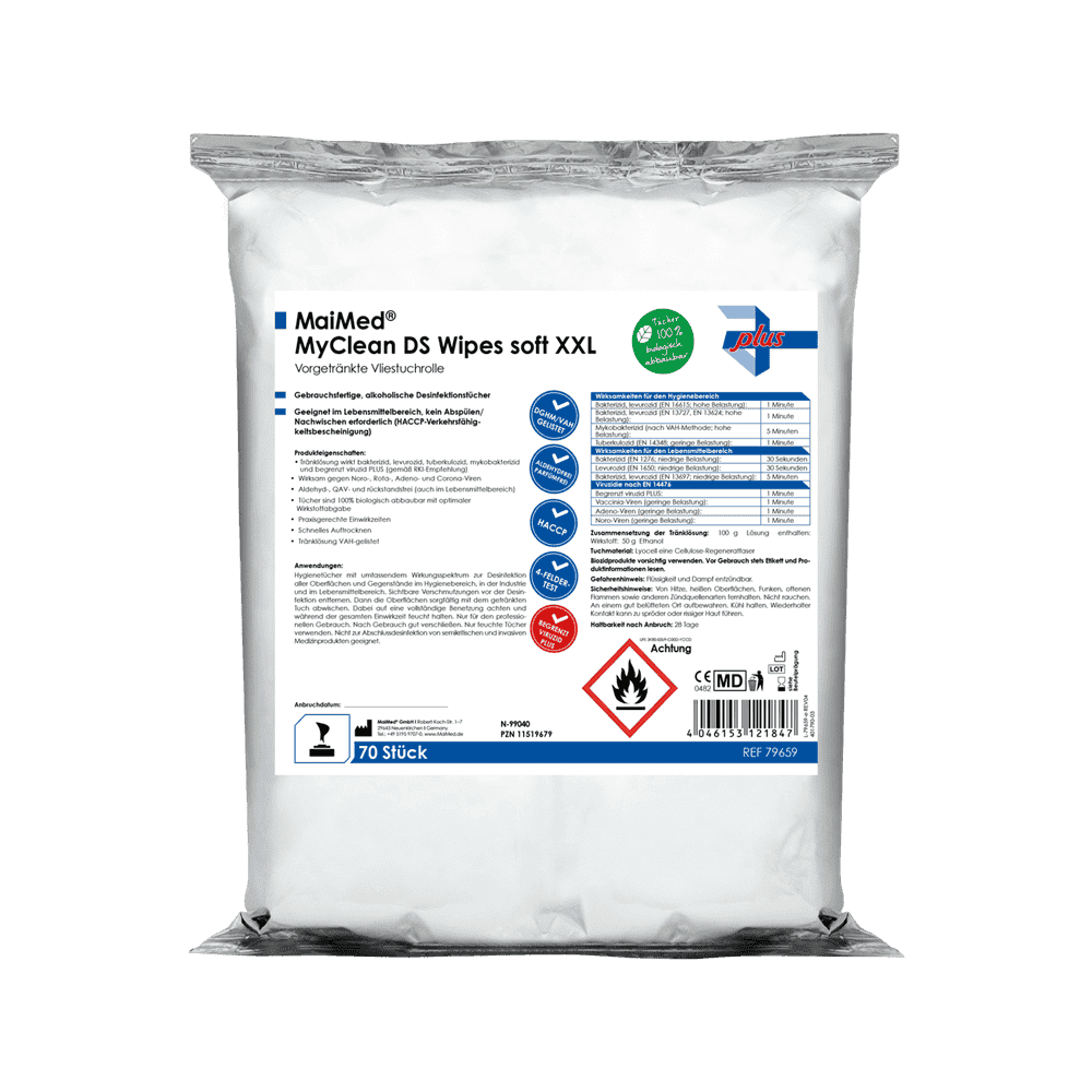 79659_MaiMed-MyClean-DS-Wipes-soft-XXL_Button MaiMed® MyClean DS Wipes soft XXL Vorgetränkte Desinfektionstücher 29x29cm